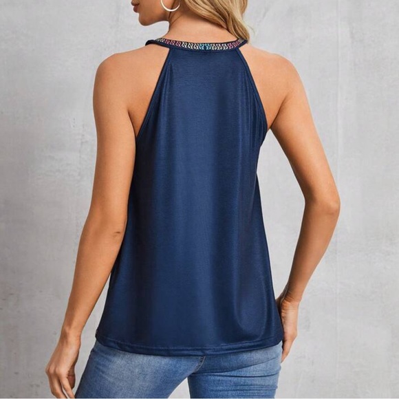 Boho Floral Print Tank Top Blouse Shirt Blue - Picture 2 of 10